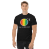 mens-heavyweight-tee-black-front-6267271bd835a A man wearing a black shirt with a rainbow design.