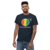 mens-heavyweight-tee-navy-front-2-6267271bd92f A man wearing a black t-shirt with a rainbow colored circle.
