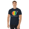 mens-heavyweight-tee-navy-front-6267271bd9620 A man wearing a black shirt with a rainbow design.
