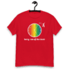 mens-heavyweight-tee-red-front-6267271bda825 A red shirt with a rainbow colored circle and the words " sorry, turn of the century ".