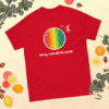 mens-heavyweight-tee-red-front-6267271bdb20d A red shirt with a rainbow circle and the words " sorry, i am off the clock ".