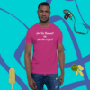 unisex-staple-t-shirt-berry-front-628f1c008f47 A man wearing a pink shirt with some type of text