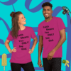 A man and woman wearing pink shirts with the words " faith means you only see god ".