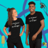 unisex-staple-t-shirt-black-front-628f18b6dcb7 A man and woman posing for the camera wearing black shirts.