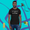 unisex-staple-t-shirt-black-front-628f1c008ba7 A man wearing a black shirt with the words " are we human ? or are we coffee ?" on it.