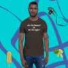 unisex-staple-t-shirt-brown-front-628f1c00923b A man wearing a brown shirt with the words " are we human ? or are we coffee ?" on it.