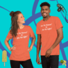 unisex-staple-t-shirt-heather-orange-fron-0015 A man and woman posing for the camera wearing orange shirts.