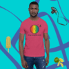 A man wearing a t-shirt with the colors of rainbow.