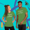 unisex-staple-t-shirt-leaf-front-628f18b6e4637 A man and woman posing for the camera wearing green shirts.