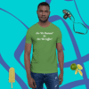 unisex-staple-t-shirt-leaf-front-628f1c008d68f A man wearing a green shirt with some fruit