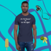 unisex-staple-t-shirt-navy-front-628f1c0091258 A man wearing a t-shirt with the words " are we human ? or are we coffee ?" on it.