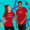 unisex-staple-t-shirt-red-front-628f18b6e9178 A man and woman posing for the camera wearing red shirts.