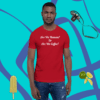 unisex-staple-t-shirt-red-front-628f1c008e4d7 A man wearing a red shirt with some type of text