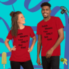 A man and woman wearing red shirts with the words " faith means you only see god ".