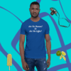 unisex-staple-t-shirt-true-royal-front-628f1c0 A man wearing a blue shirt with some type of text