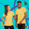unisex-staple-t-shirt-yellow-front-628f18b6d3c A man and woman wearing yellow shirts next to each other.