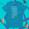 A blue t-shirt with the words " i will roar ," " i will chase ", and " i will punch ".