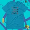 A blue t-shirt with the word love written in red and black.