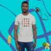 A man wearing jeans and a t-shirt with the word love on it.