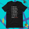 A black t-shirt with the words " i will roar, i will chase ," and " i will punch, i will fight, i
