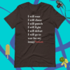 A t-shirt with the words " i will roar, i will chase ," and " i will punch, i will fight, i will