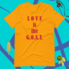 A yellow shirt that says love is the g. O. A. T