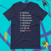 A t-shirt with the words " i will kick, scream, scratch, pull hair, and defeat."