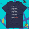 A navy blue t-shirt with the words " i will roar, i will chase ," and " i will punch, i will fight ,