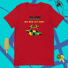 A red t-shirt with a jamaican flag on it.