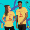 A man and woman posing for the camera wearing t-shirts.