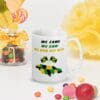 A white coffee mug with the words " we came, we saw, we run all over ".