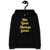 A black hoodie with yellow writing on it.