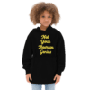 A young child wearing a black hoodie with yellow lettering.