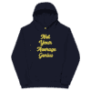 A navy blue hoodie with yellow writing on it.