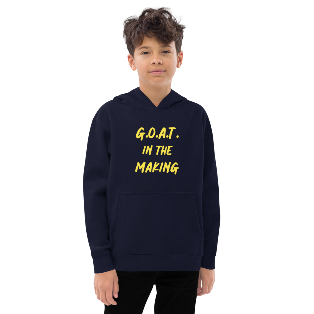 A kid wearing a navy sweatshirt