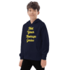 A young boy wearing a hoodie with the words not your average genius on it.