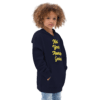 A child wearing a hoodie with the words " not your average genius ".