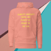 A pink hoodie with yellow writing on it.