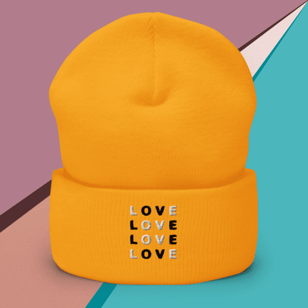 A small picture of a cuffed dandelion Love beanie