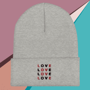 A small picture of a cuffed Love gray beanie