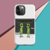 A phone case with two aliens talking on it.