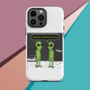 A phone case with two green aliens talking.