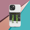 A phone case with an alien and a person on it.