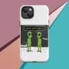 A phone case with two green aliens talking.