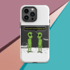 A phone case with two green aliens talking to each other.