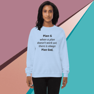 A woman wearing a light blue sweatshirt