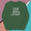 A green sweatshirt with the words " i am not always sarcastic sometimes."