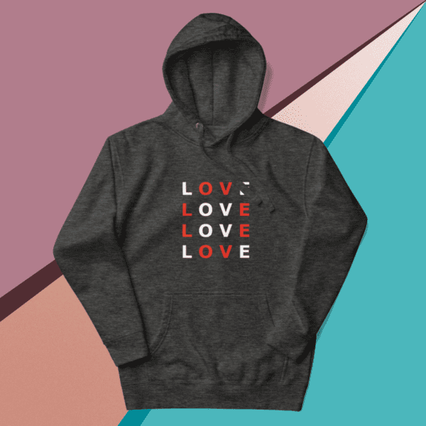 A small picture of a dark gray Love hoodie