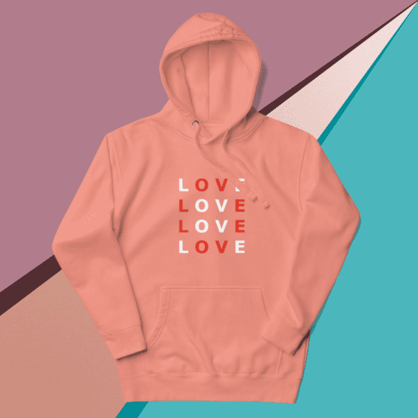 A small picture of a pink Love hoodie