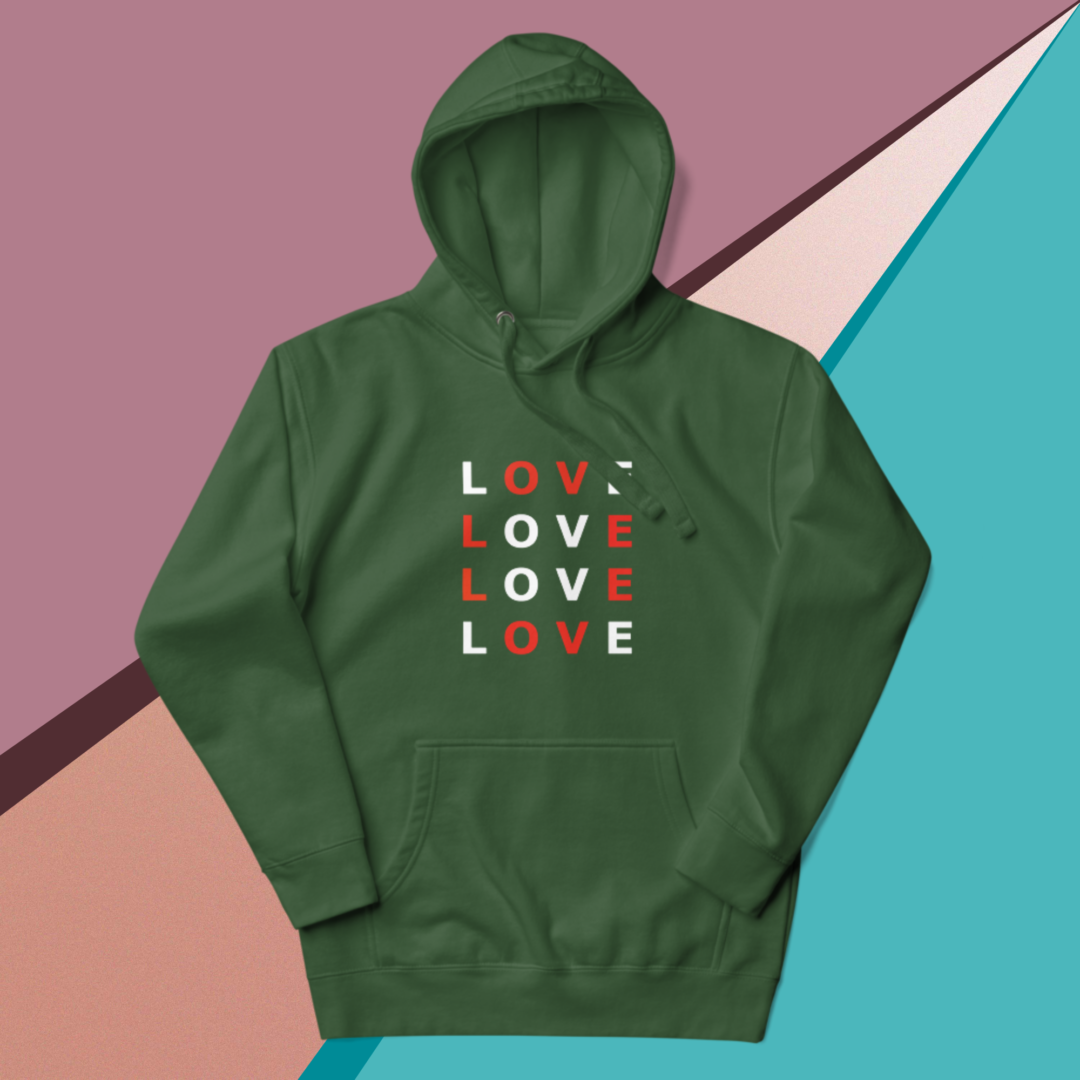 A small picture of a green Love hoodie